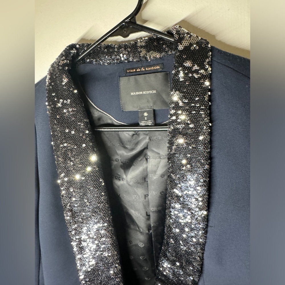 Maison Scotch Navy Blue Black Sequin Single Button Closure Tuxedo Blazer Size 1 - Picture 2 of 16